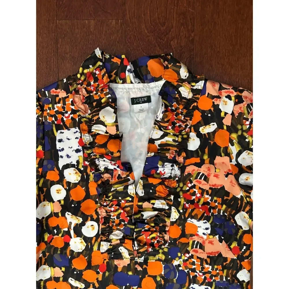 J. Crew Factory Retro Multicolor Abstract Floral 100% Silk Dress, Size 4